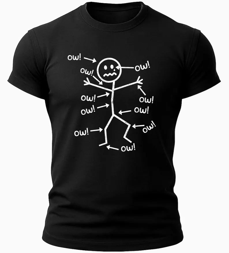 Funny Stick Figure Ow Humor Shirt, Sarcastic Pain Meme Graphic Tee