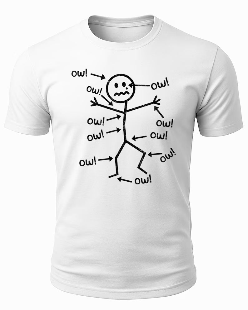 Funny Stick Figure Ow Humor Shirt, Sarcastic Pain Meme Graphic Tee
