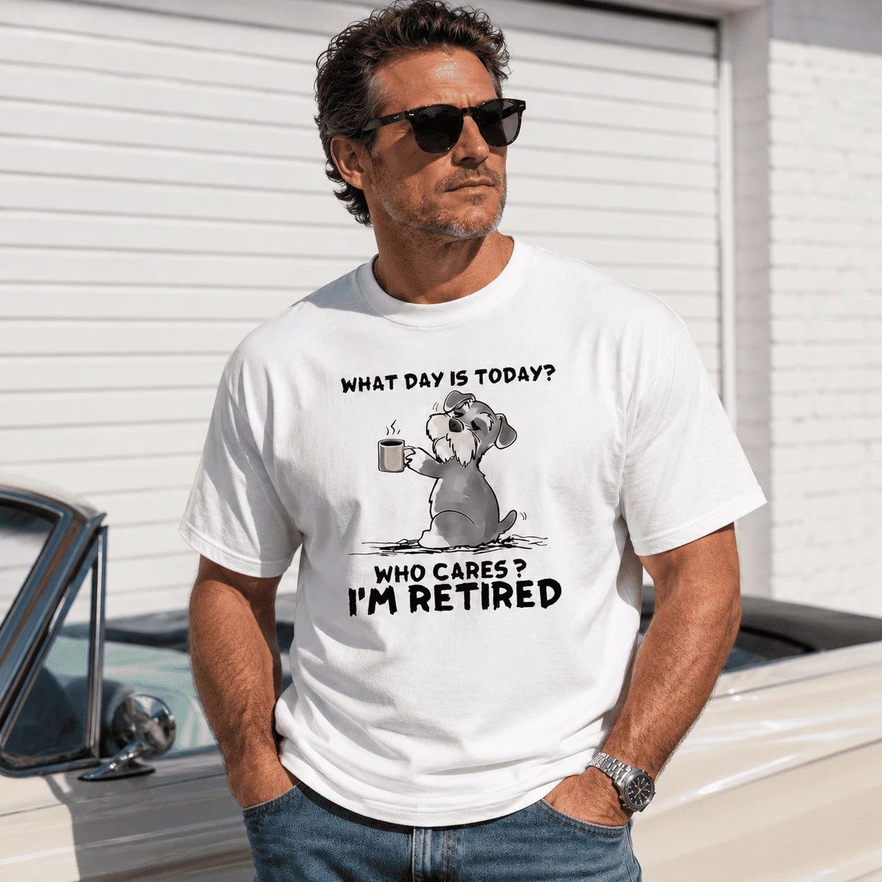 What Day Is Today Who Cares I'm Retired Funny Dog Graphic T-Shirt